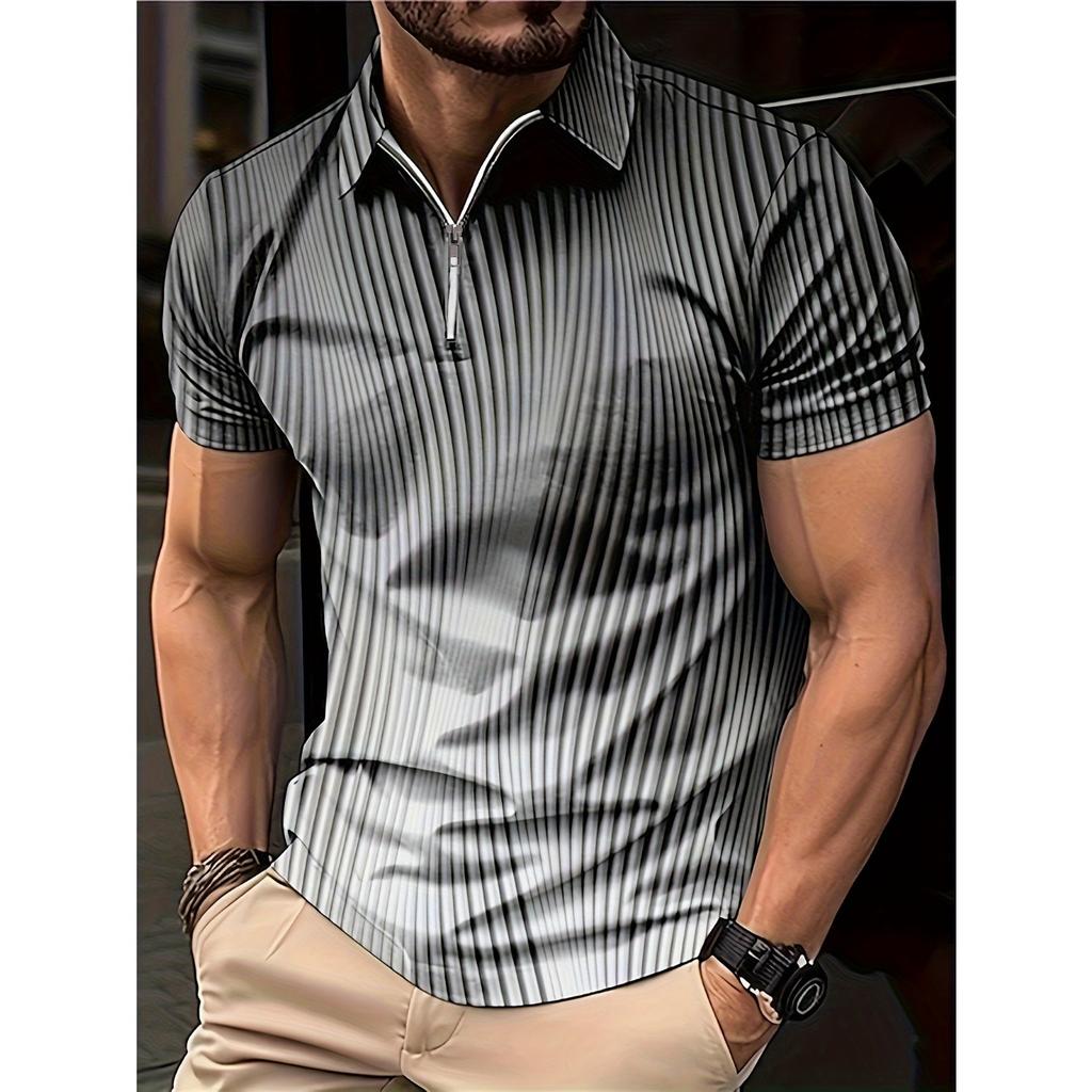 summer men's zippered short-sleeved POLO shirt features 3D striped pattern print for street casual