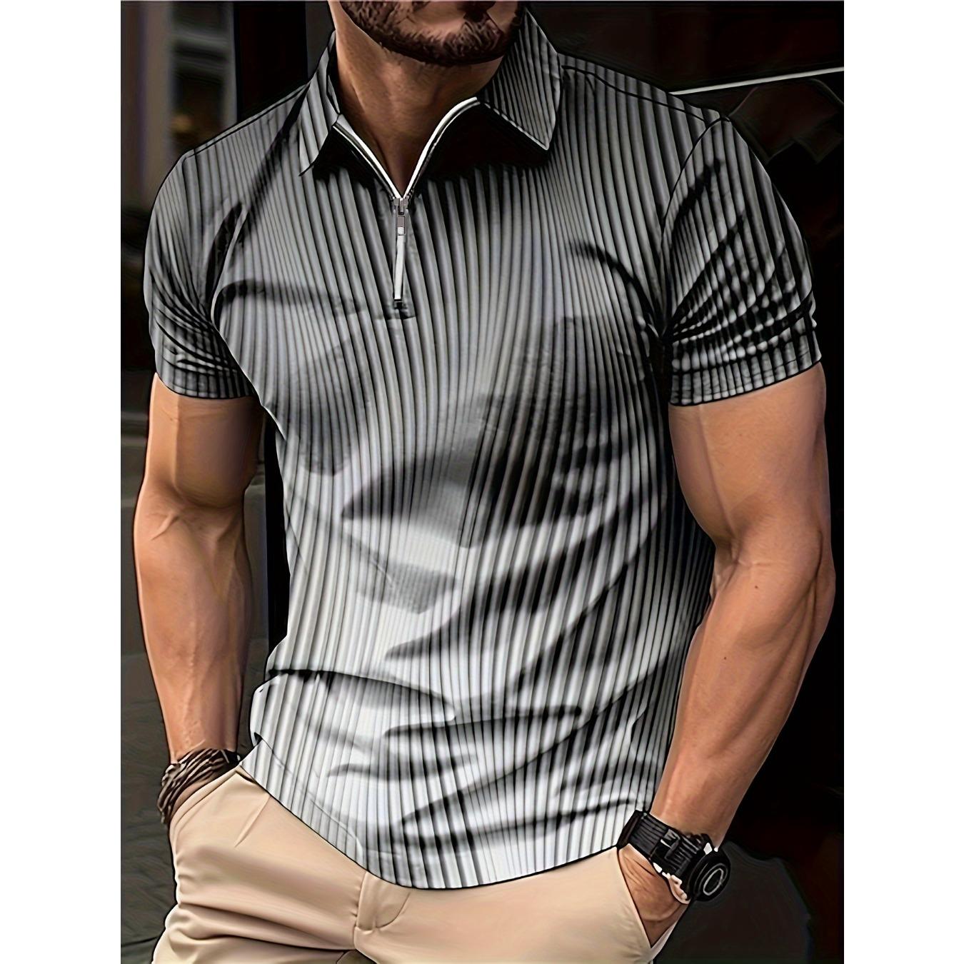 

summer men s zippered short-sleeved POLO shirt features 3D striped pattern print for street casual S