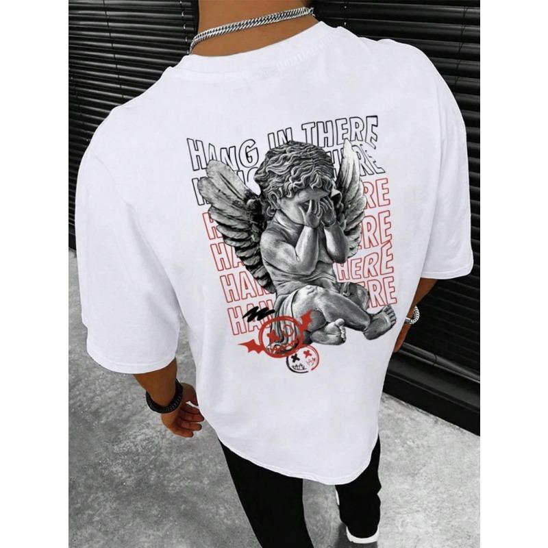 New European and American Men's Summer Little Angel Print Comfortable and Breathable Round Neck T-shirt Outdoor High Street Top