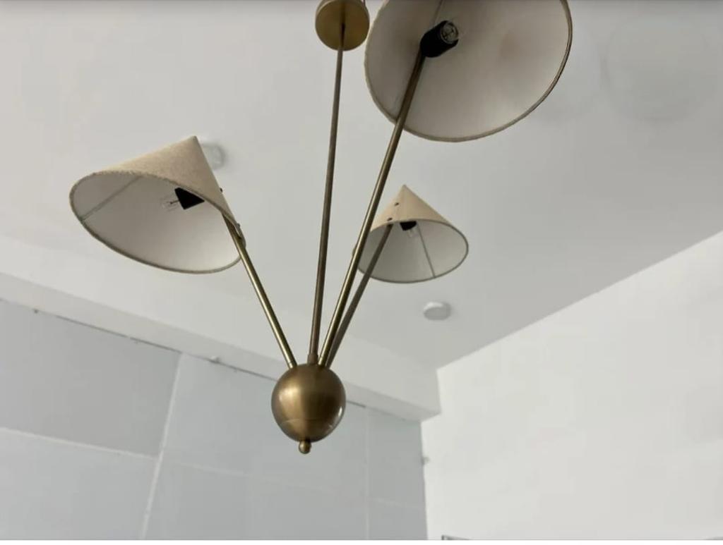 3 Light Fabric Shades Pendant Mid Century Modern Raw Brass Sputnik Chandelier Light Fixture