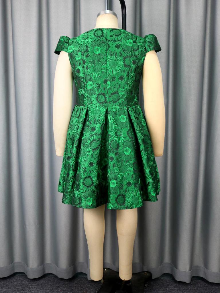 Blumen-Jacquard A-Linien-Kleider in Übergröße für Damen mit kurzen Kappenärmeln, ideal für Partys, Brunches und besondere Anlässe