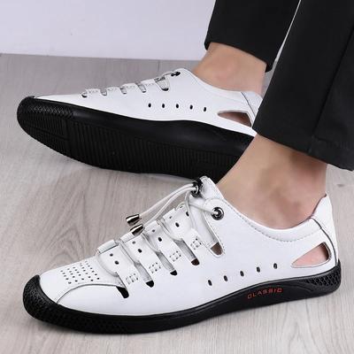 Fashion Summer New White Leather Hollow Out Sandals Breathable Comfort Men Beach Shoes Fashion Soft Sole Male Flat Casual Leather Loafer