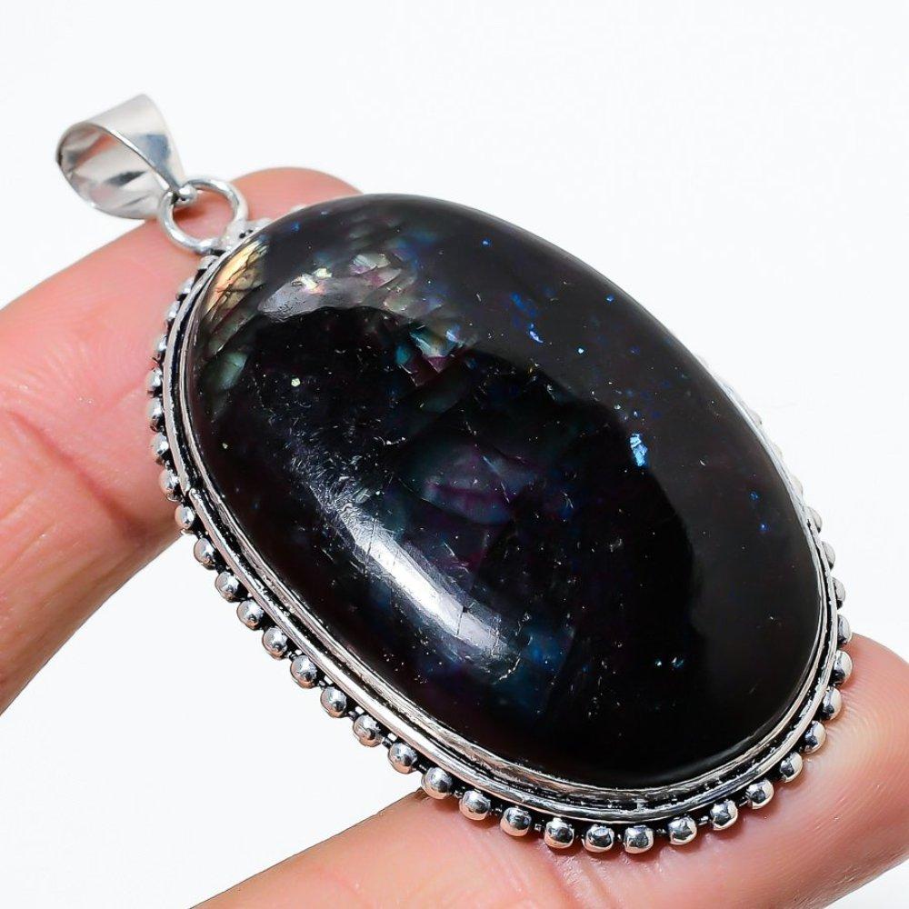 Natural Black Onyx Gemstone Handmade 925 Sterling Silver Pendant 2.48" Q8y84