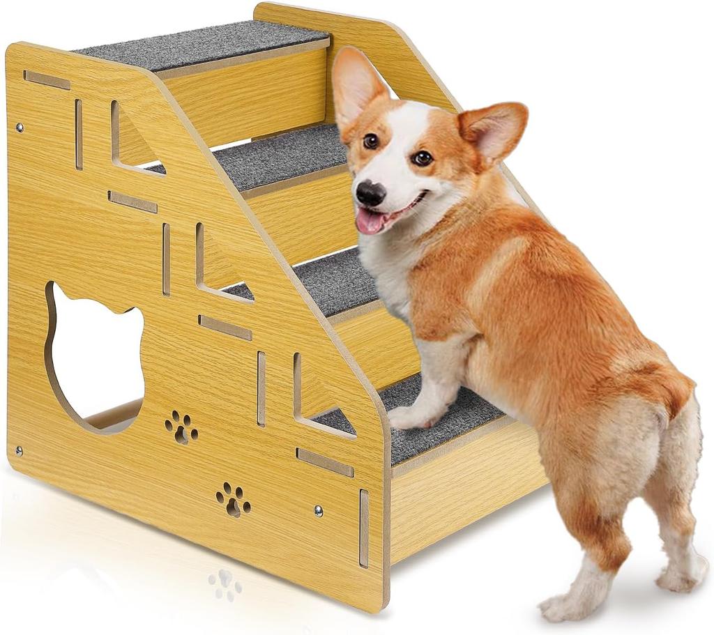 Ergonomic 4-Step Pet Stairs - Wooden Dog Steps with Anti-Slip Treads & Adjustable Height for Beds/Couches