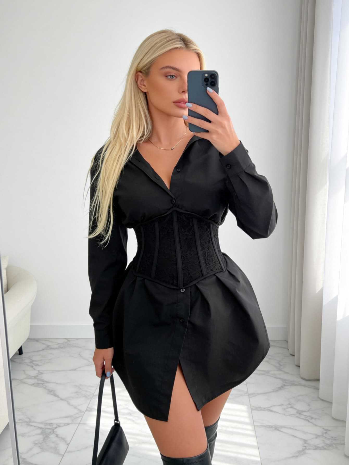 

European and American style black long-sleeved V-neck dress with waist and thin sexy shirt skirt women s new fashion short skirt XS чёрный