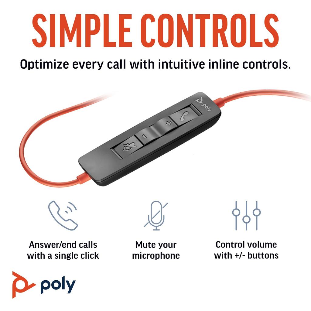 Poly BlackWire 3310 Wired Headset (formerly Plantronics, Polycom, HP-Poly) 8G0Y7AA, Microsoft Certified USB-C Connection, Noise Cancelling, with