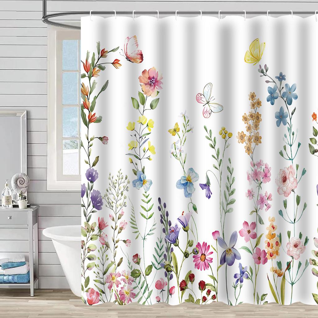 Green Plant Waterproof and Mildew-proof Polyester Bathroom Shower Curtain Shower Curtain Partition Curtain Free of Punching