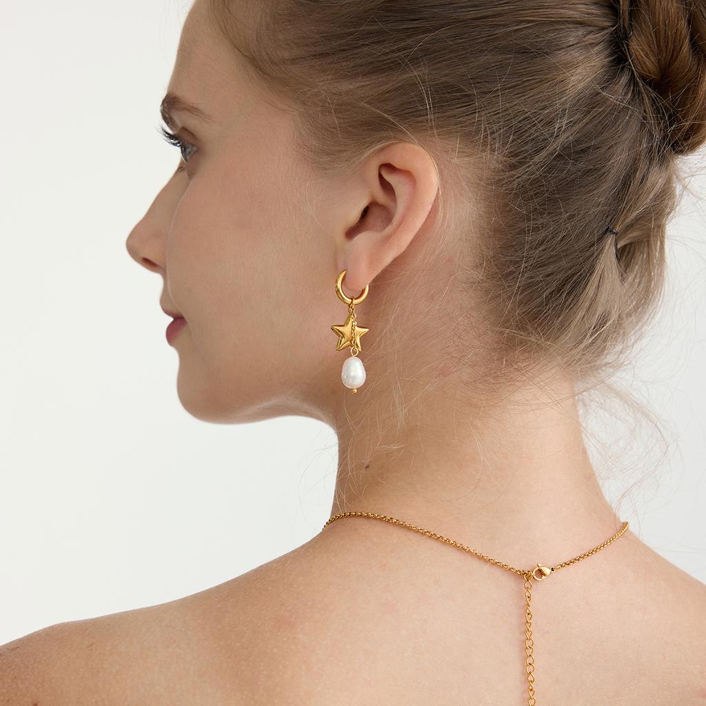 Youthway Elegant Star Freshwater Pearl Drop Earrings For Women  Gold Plated Stainless Steel Earrings Simple Fashion Jewelry