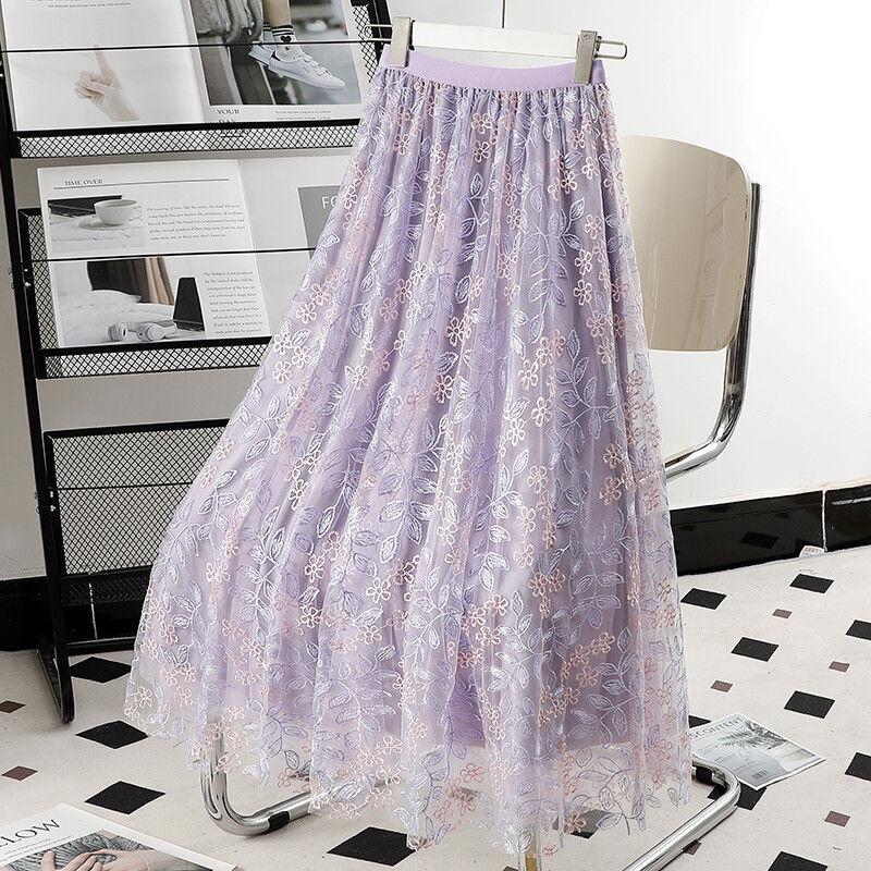 Elegant Embroidered Mesh Skirt Women Summer  Floral Midi Skirt  New Design