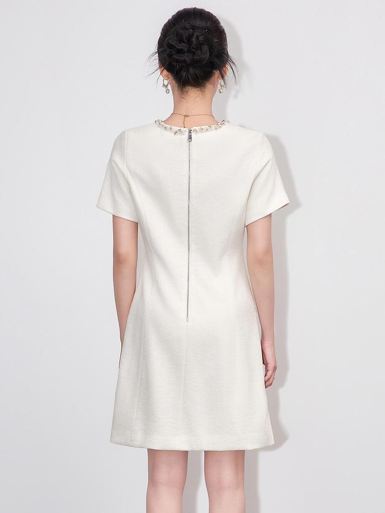 Diamond-Embellished Waist-Defining Linen Blend Dress - French Chic Women's Summer Style