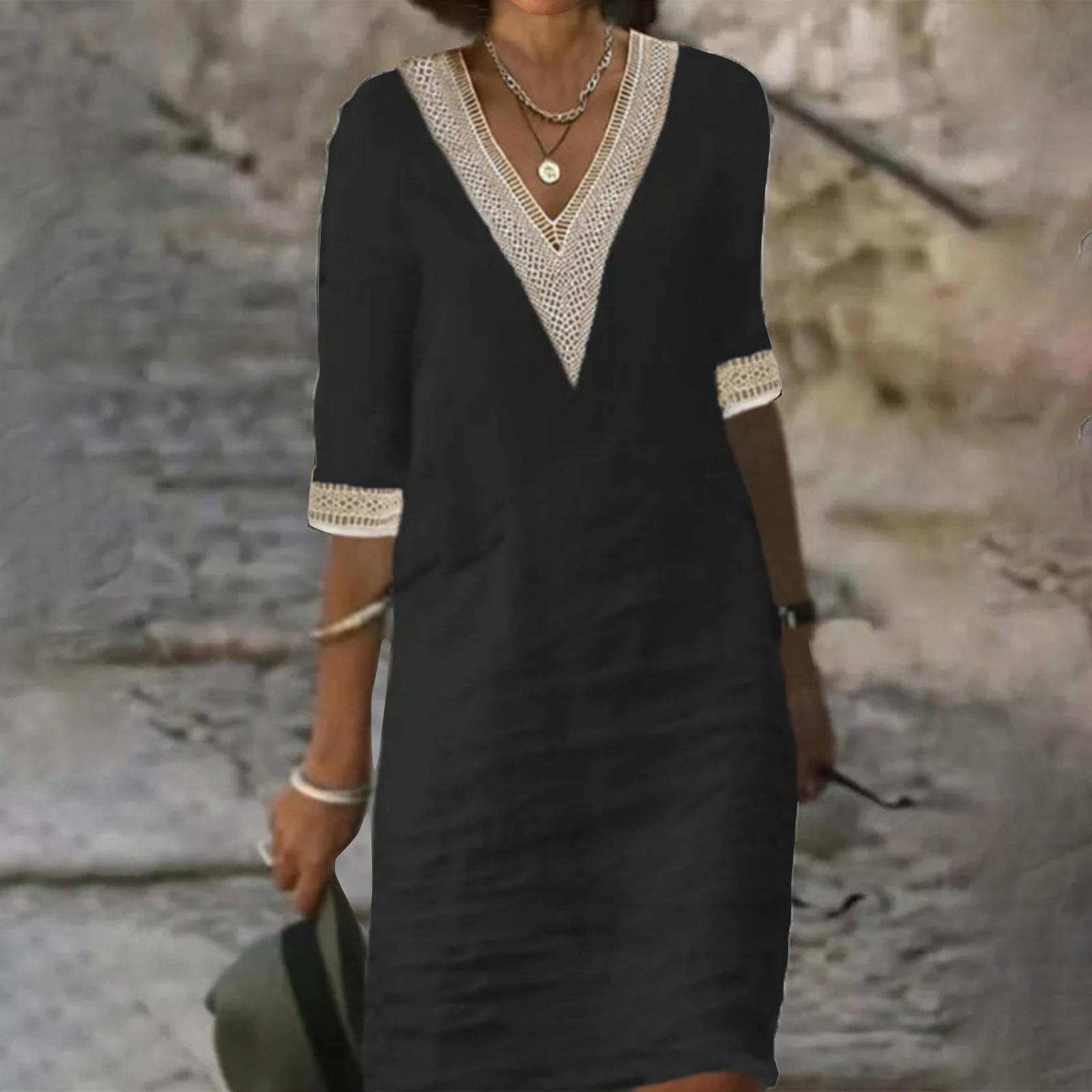 

Женское однотонное хлопково-льняное повседневное платье с v-образным вырезом и кружевом среднего размера L чёрный