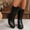 Fashion Sexy Solid Black Pu Mid Calf Riding Boots Women 2025 Winter Medium Heel Side Zip Western Booties Lace Bowknot Decoration Boots