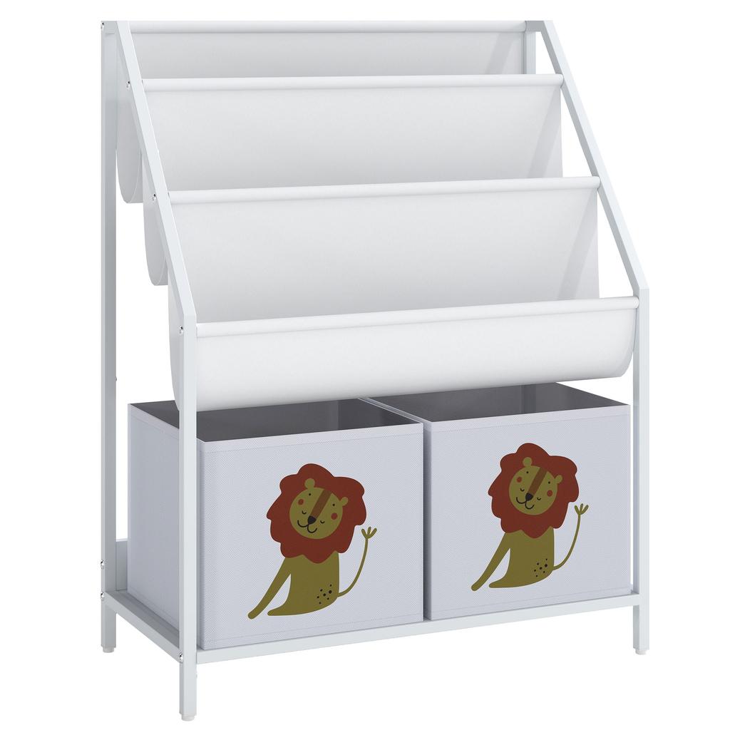 4-Tier Children's Bookshelf, Kids Bookcase with Book Holder and Fabric Drawer, White