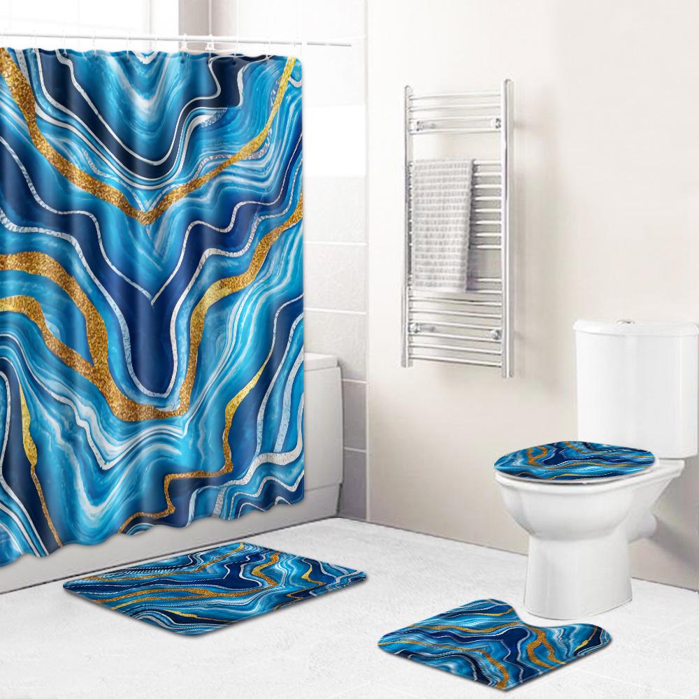 Marble Texture Printing Bathroom Non-Slip Floor Mat Shower Curtain Combination Carpet European And American Style