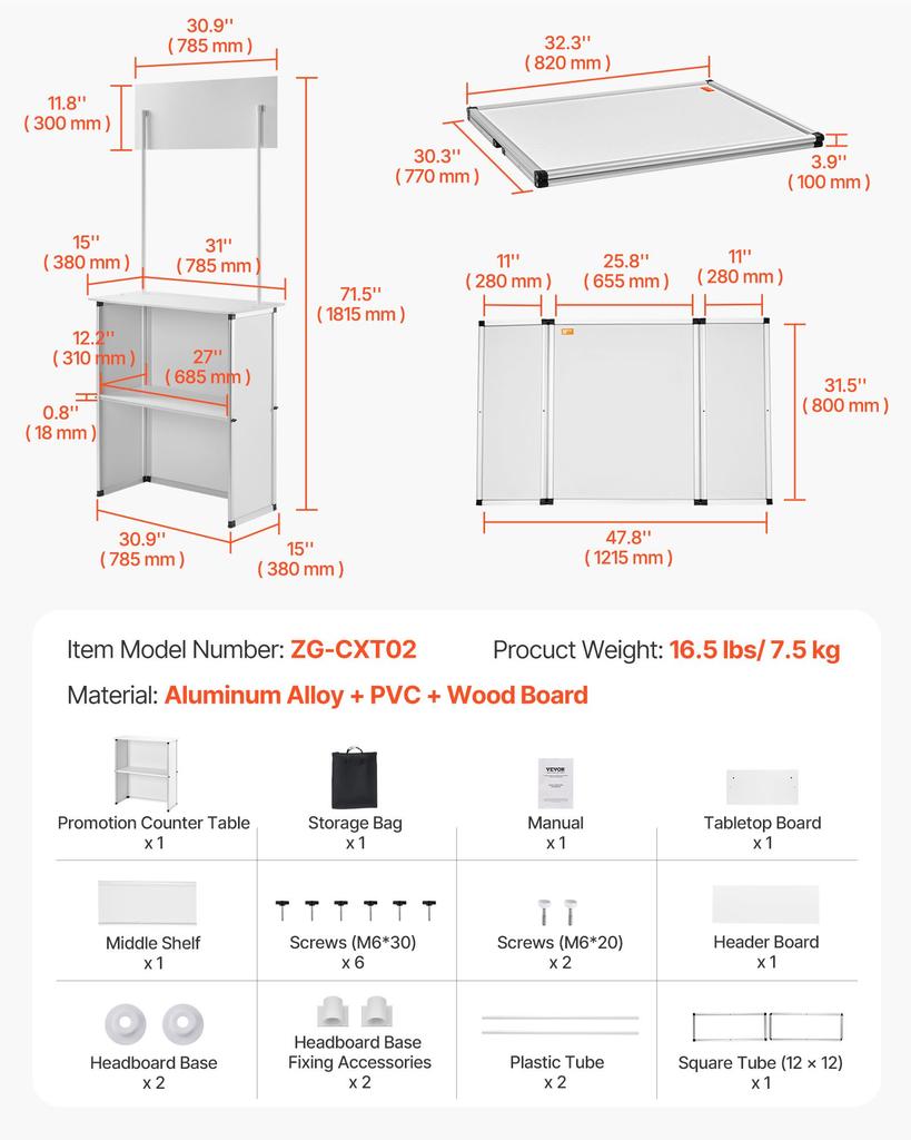 VEVOR Portable Tradeshow Podium Table, 78,5 × 38 × 181,5 cm, Display Exhibition Counter Stand Booth Fair with Wall