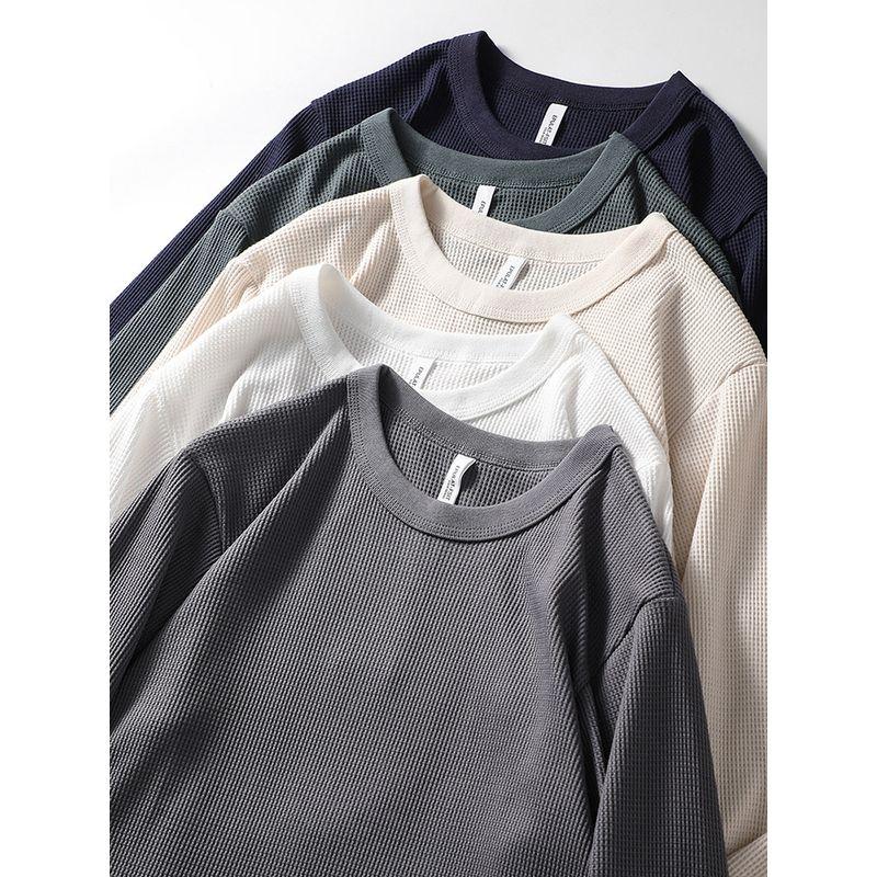 American-Style Retro Three-Pin Waffle Long-Sleeved T-shirt Men's Spring and Autumn Heavy round Neck Bottoming Shirt Export Menswear T-shirt