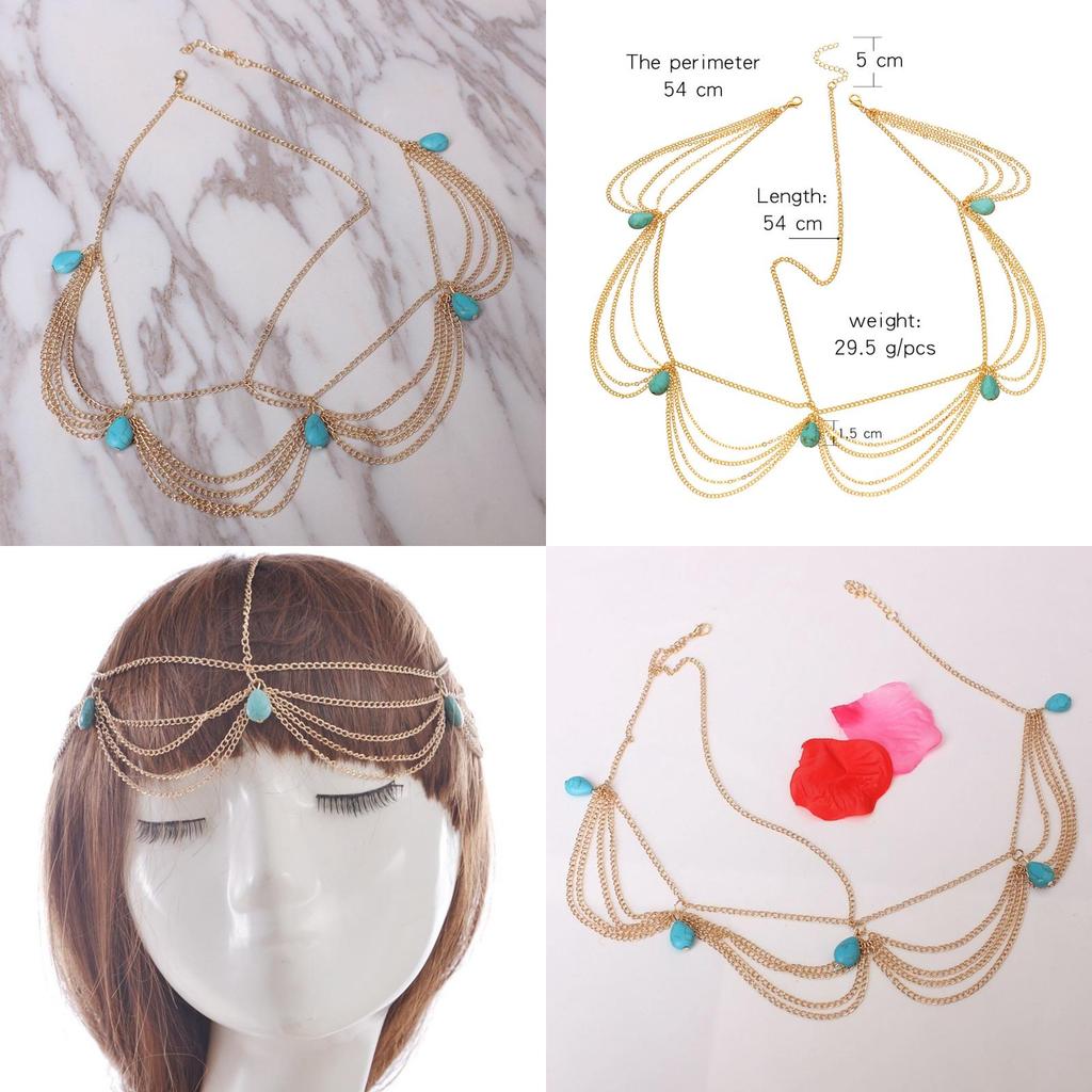 Fashionable Simulated Turquoise Decor Multi Layer Chain Design Women Headwear For Festivals