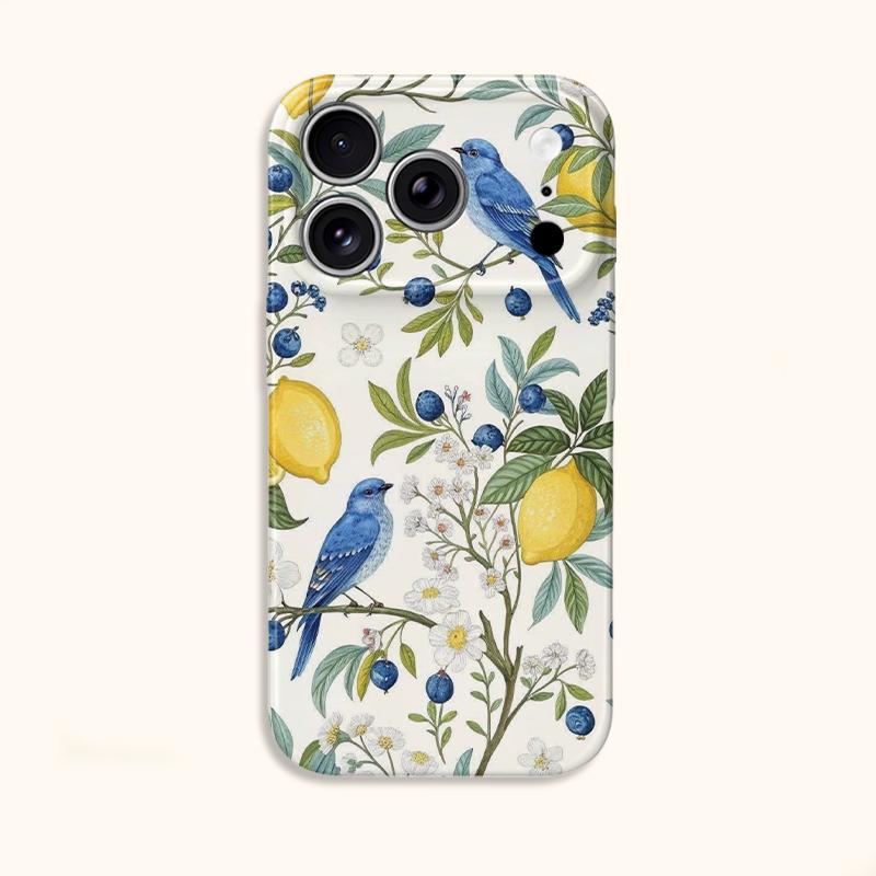 Botanical Blue Bird Lemon Blueberry Floral Art Film Aesthetic Protective Shockproof Bumper Phone Case Cover For iPhone 14 15 16 17 Pro Max Plus