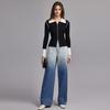 ELLE Vintage Color Block Wide Leg High Waist Jeans Women Jeans Denim-Blue EQ47290