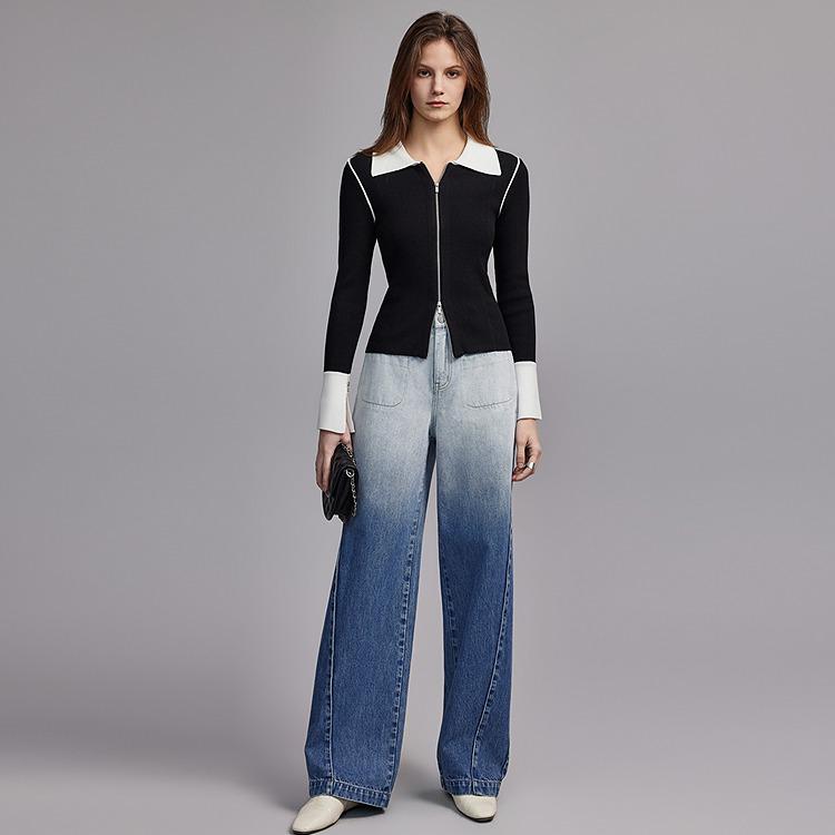 ELLE Vintage Color Block Wide Leg High Waist Jeans Women Jeans Denim-Blue EQ47290