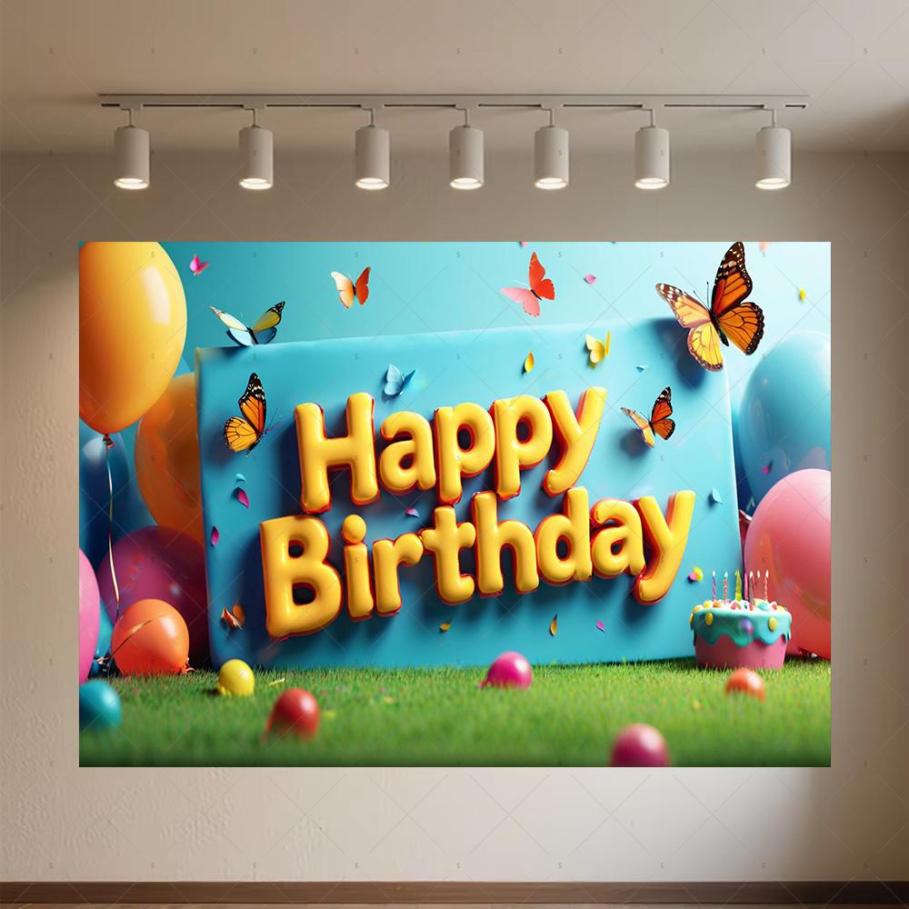 Colourful Happy Birthday Theme Backdrop Supplies 3D Ballon Background Banner Kids Birthday Party Decorations Photo Shoot Props