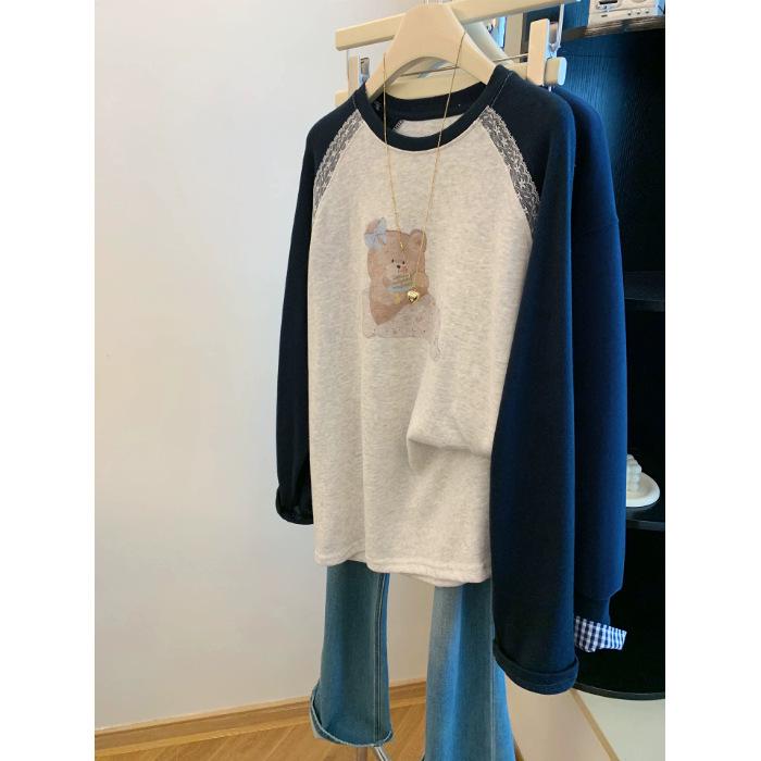 

Women s Korean Style Apricot Lace Trim Bear Raglan Sleeve Cotton Long Sleeve Color Block T-Shirt L (120-145 lbs)