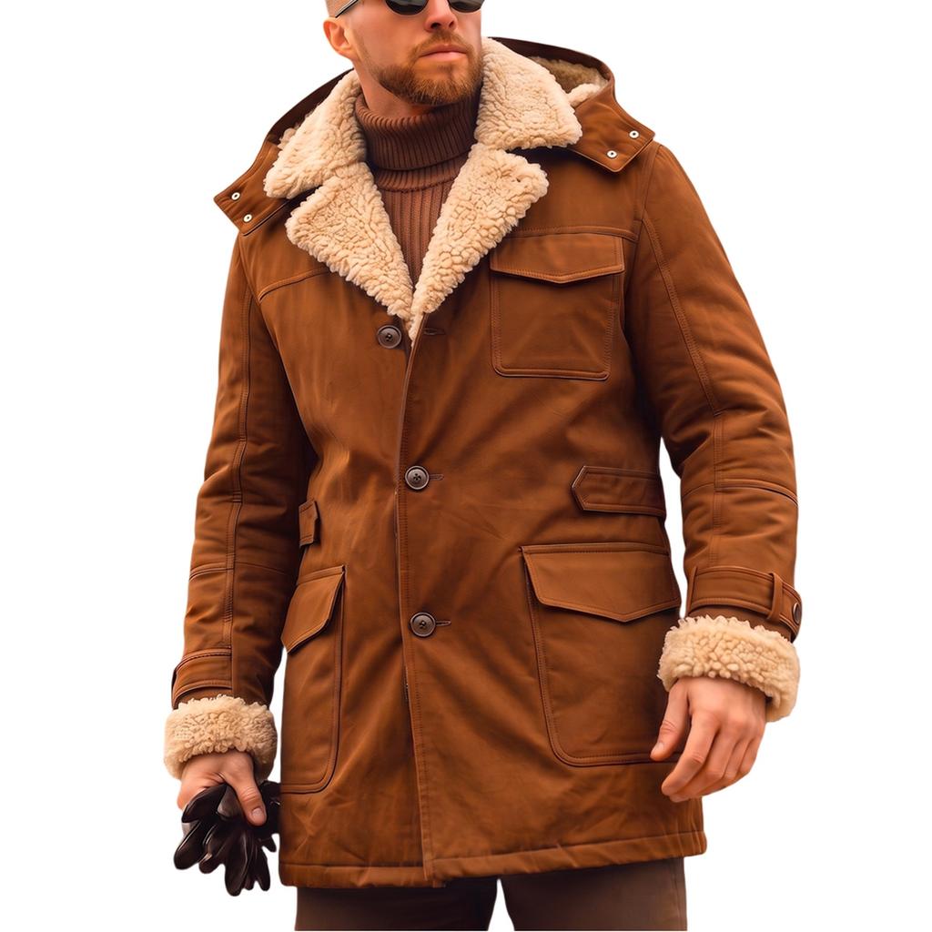 Men's Twill Hooded Jacket with Thick Warm Coat Outerwear