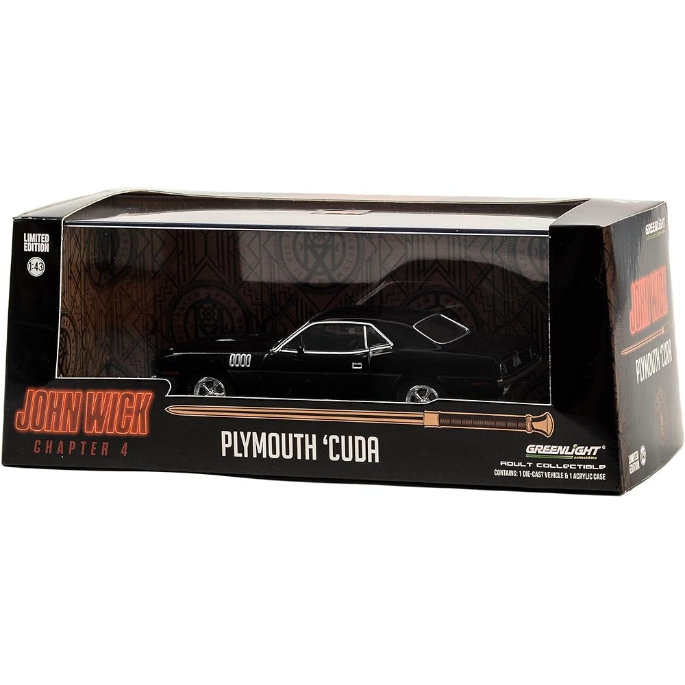 Greenlight 1971 Plymouth Barracuda Black Diecast Model Car 1/43 John Wick Chapter 4 Hollywood Series