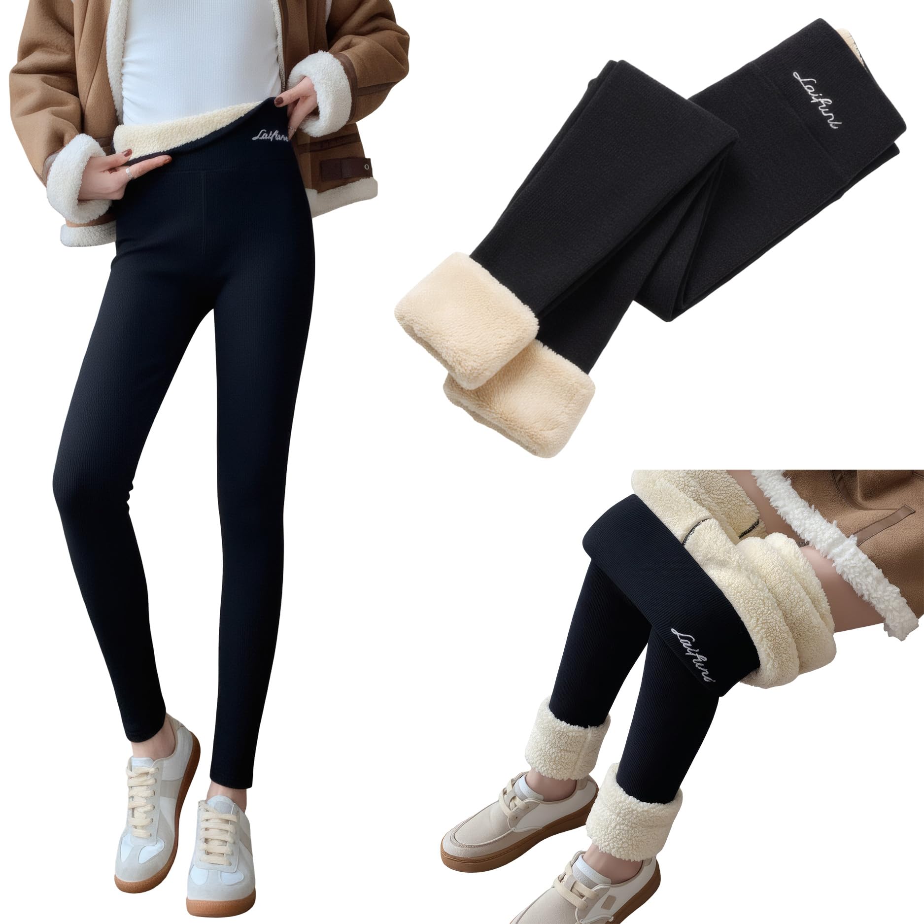 

Extra Super Thick Thick Warm Sheepskin Fleece Fuwarii Slim Winter High Waist [Yuoku] Warm, Leggings, Fleece-Lined, Stretchable, Thermal, чёрный