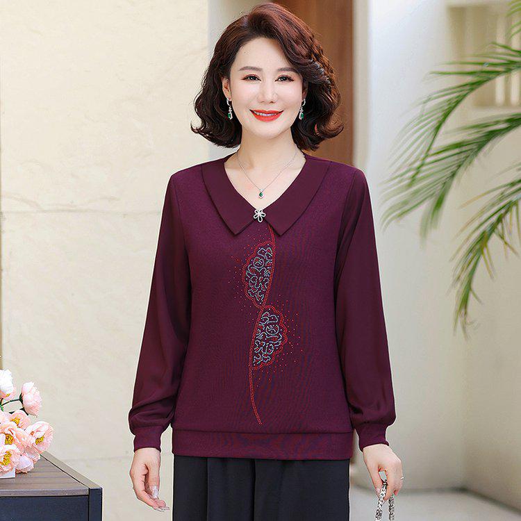 

Embroidered Long-Sleeve Loose T-Shirt for Plus Size Middle-Aged & Elderly Women 3XL фиолетовый