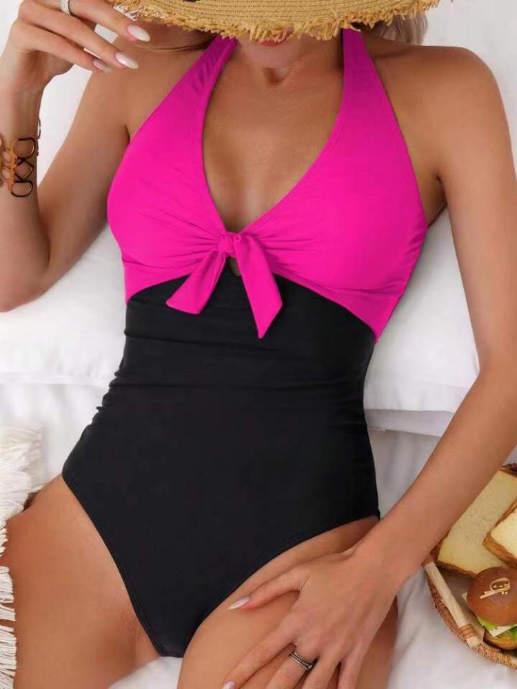 

One Piece Swimsuit Women 2025 New Solid Halter Sexy Bodysuit Swimwear Monokini Summer Hollow Out Beach Wear Bathing Suit Female S рожевий