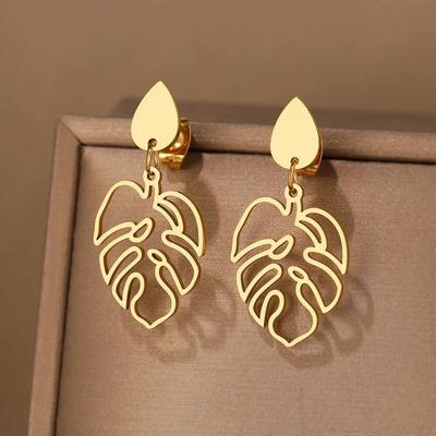 Gold Color Metal Hallowout Leaves Drop Earrings Silver Color Geometric Cut Out Women Fashion Earrings Girls Cute Daily Wear