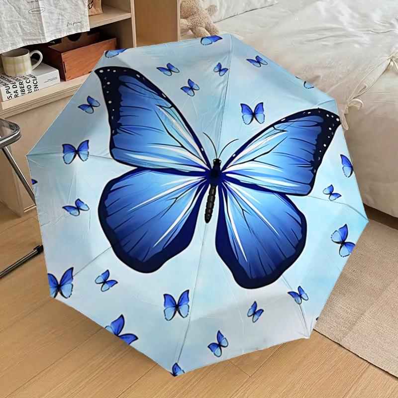 Blue Butterfly Auto Open Close Umbrella - Portable Folding Design with Iron Frame - Gift for Fans, Travelers, Daily Use1121086a