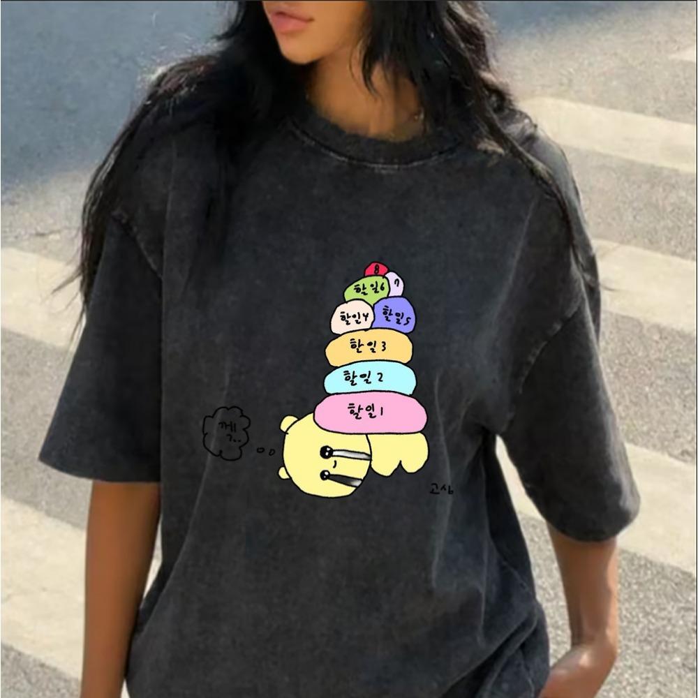 Cute Korean Cartoon Letter Print Vintage Washed Black Oversized T-Shirt Crew Neck Short Sleeve Tee for Women Streetwear