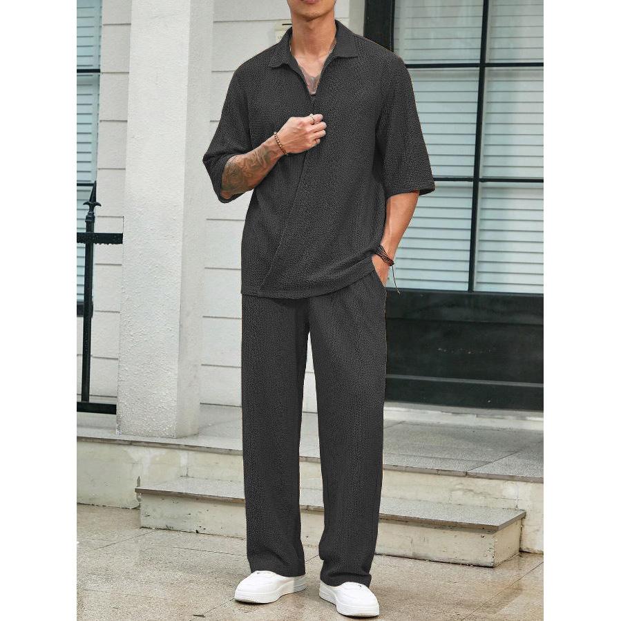 Spring Commuter Men's Casual Shirt Solid Color Half Sleeve Trousers Two-piece Suit