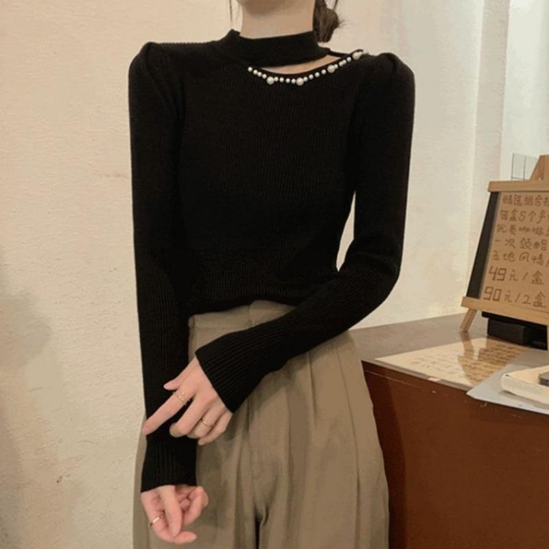 Long-sleeved hollow semi-turtleneck knitted bottoming shirt for women's autumn and winter new slim-fitting and thin design pullover sweater top