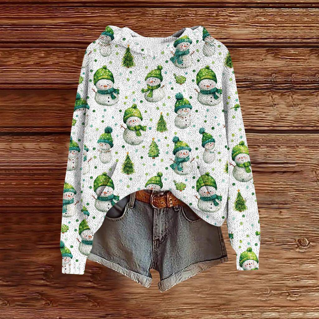 Women's Fashion Casual Long Sleeve Christmas Print Hooded Knitted Sweatshirt