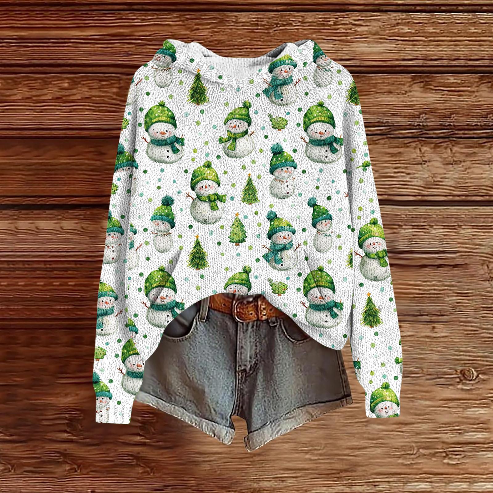 

Женский модный повседневный трикотажный худи с длинным рукавом и рождественским принтом XL зелёный