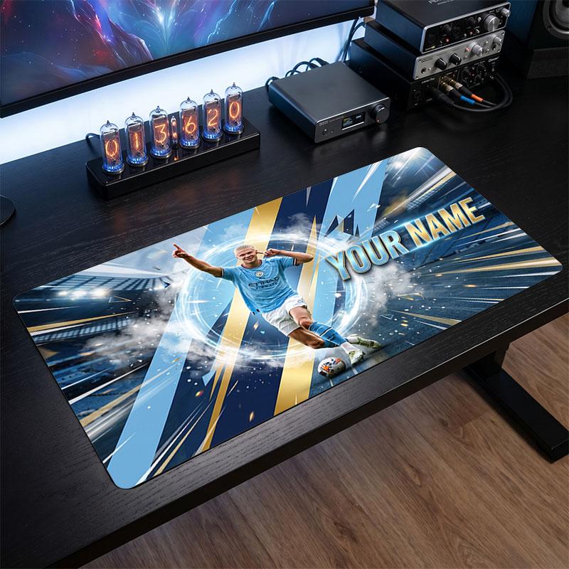 Erling Haaland Custom Large Mouse Pad, Personalized Name Text Print, Football Logo Non‑Slip Desk Mat Gaming Gift