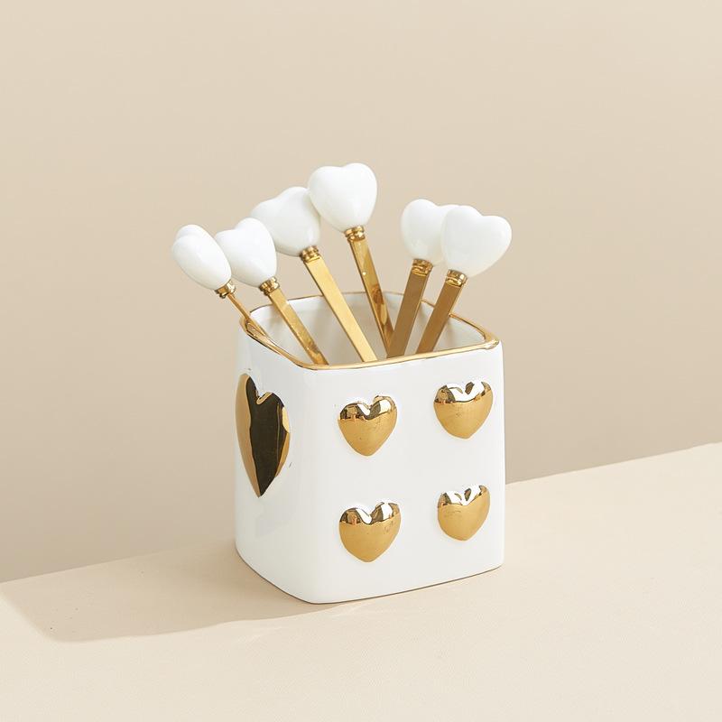 Luxury Gold-plated Ceramic Fork and Spoon Storage Jar Stainless Steel Fruit Fork and Spoon Box Modern Heart Ceramic Storage Jar