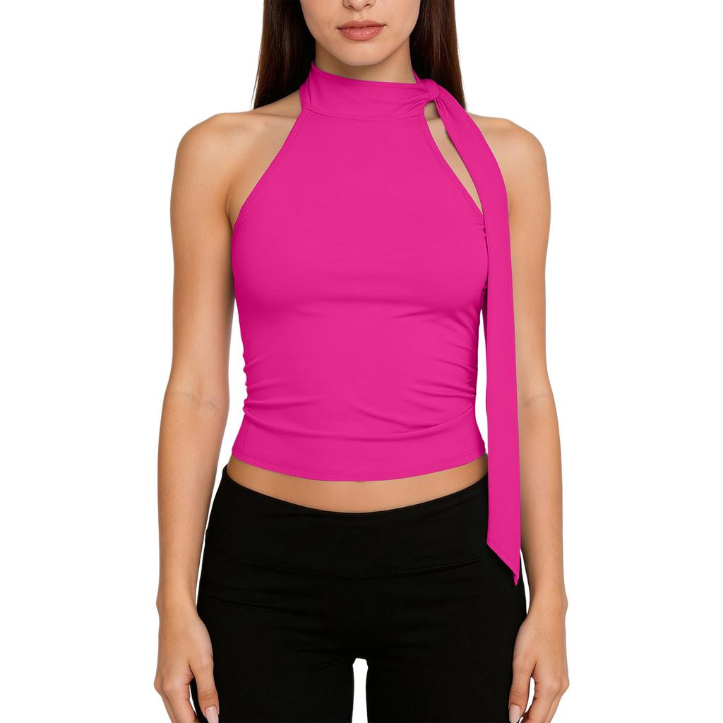 Women's Fashion Bow-Detail Cold-Shoulder High-Neck Sleeveless Top