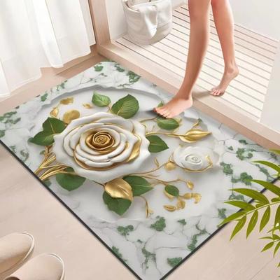 3D Visueller Blumenteppich Kieselgur Saugfähige Badematte Floraler Bodenteppich mit Rutschfester Rückseite für Eingang Küche Badezimmer Dusche