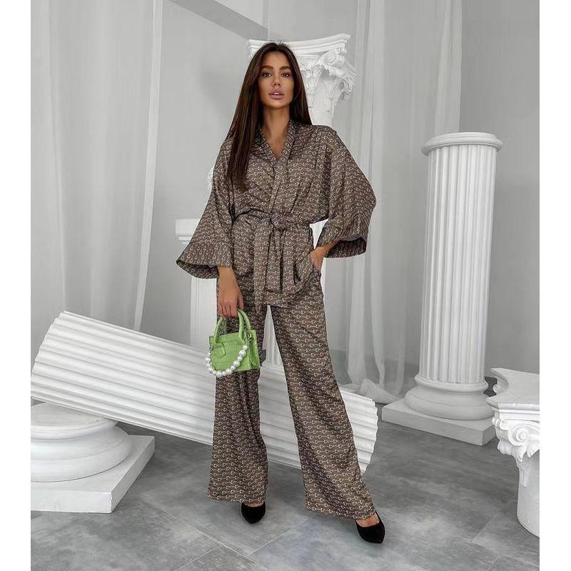 

Кардиган с принтом в западном стиле, топ, брюки, свободный комплект, женская домашняя одежда, комплект с принтованным топом Brown M