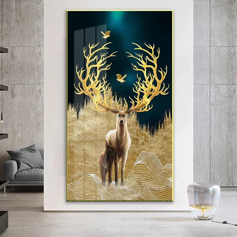Modern Gold Deer Tree and Bird Poster Canvas Paintings Golden Night Wall Art Print Pictures for Living Room Home Decor Frameless