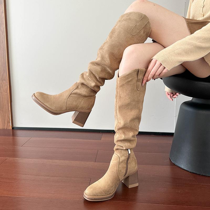 Boots for Women High Top Western Cowboy Boots with Soft Soles High-heeled V-neck Long Boots for Women