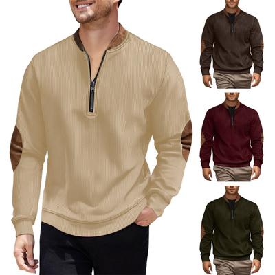Men Sweatshirt Half Zipper Plaid Stand Collar Elbow Decoration Pullover Tops Long Sleeve Jacket Work Date Wear