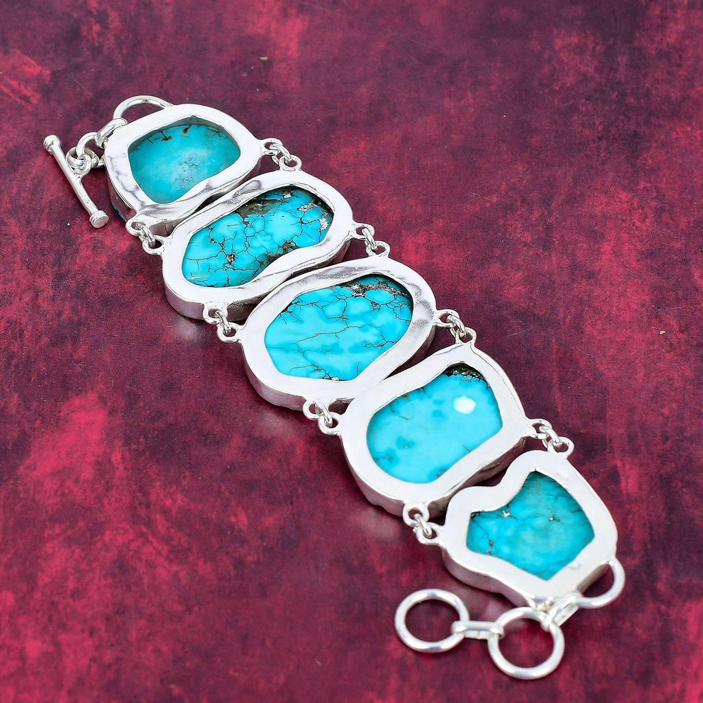 Turquoise Slice Bracelet, Charming Gemstone 925 Solid Sterling Silver Natural Jewelry, Handmade Adjustable Bracelet Jewelry For Her