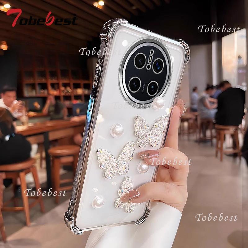 3D Pearl Butterfly Shockproof Plating Silicone Case for Huawei Mate 70 60 50 40 30 Pro Transparent Back Cover