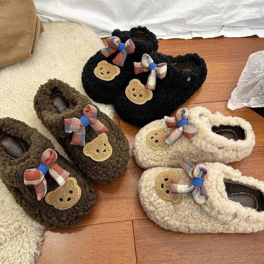 Cute Baotou Heightening Fleece Cotton Slippers Women's 2025 Autumn and Winter New Internet Celebrity Cartoon Fluffy Slippers Women's Outer Wear