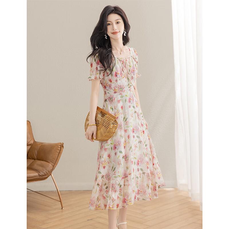 Women's Floral Square Neck Puff Sleeve High Waist A-Line Midi Dress